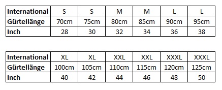Tabelle Vergleich Gürtellänge in cm zu Internationale Gürtel Größe